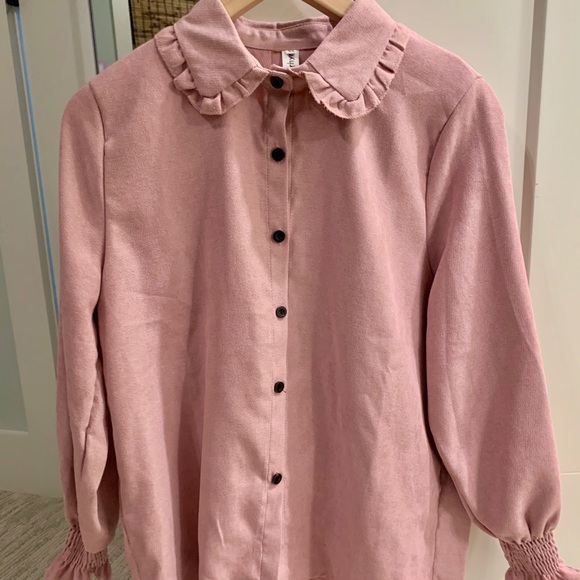 pink Peter Pan collar ruffle long sleeve blouse - Picture 2 of 4